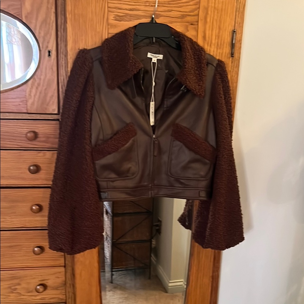 Max Studio Brown Leather Jacket with Cropped Design and Stand-Up Collar